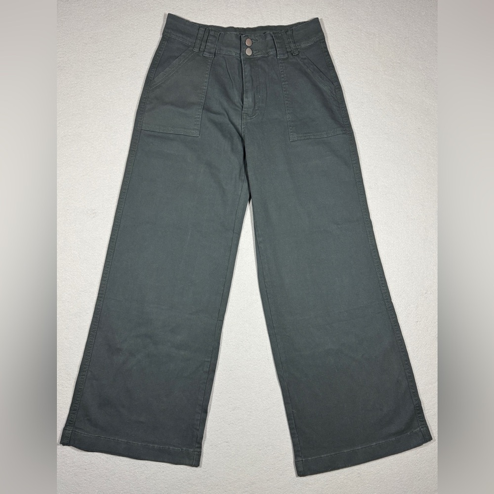 Womens Wide Leg Utility Pants Green High Rise Patch Pocket Stretch Large